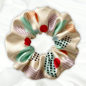 Fearless Diva - Printed XL Satin Scrunchie - Creame and Purple Scrunchie_Main - Bonjoy Fashion and Decor