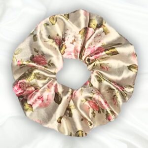 Wendy - Printed XL Satin Scrunchie - Creame and Pink Scrunchie_Main - Bonjoy Fashion and Decor