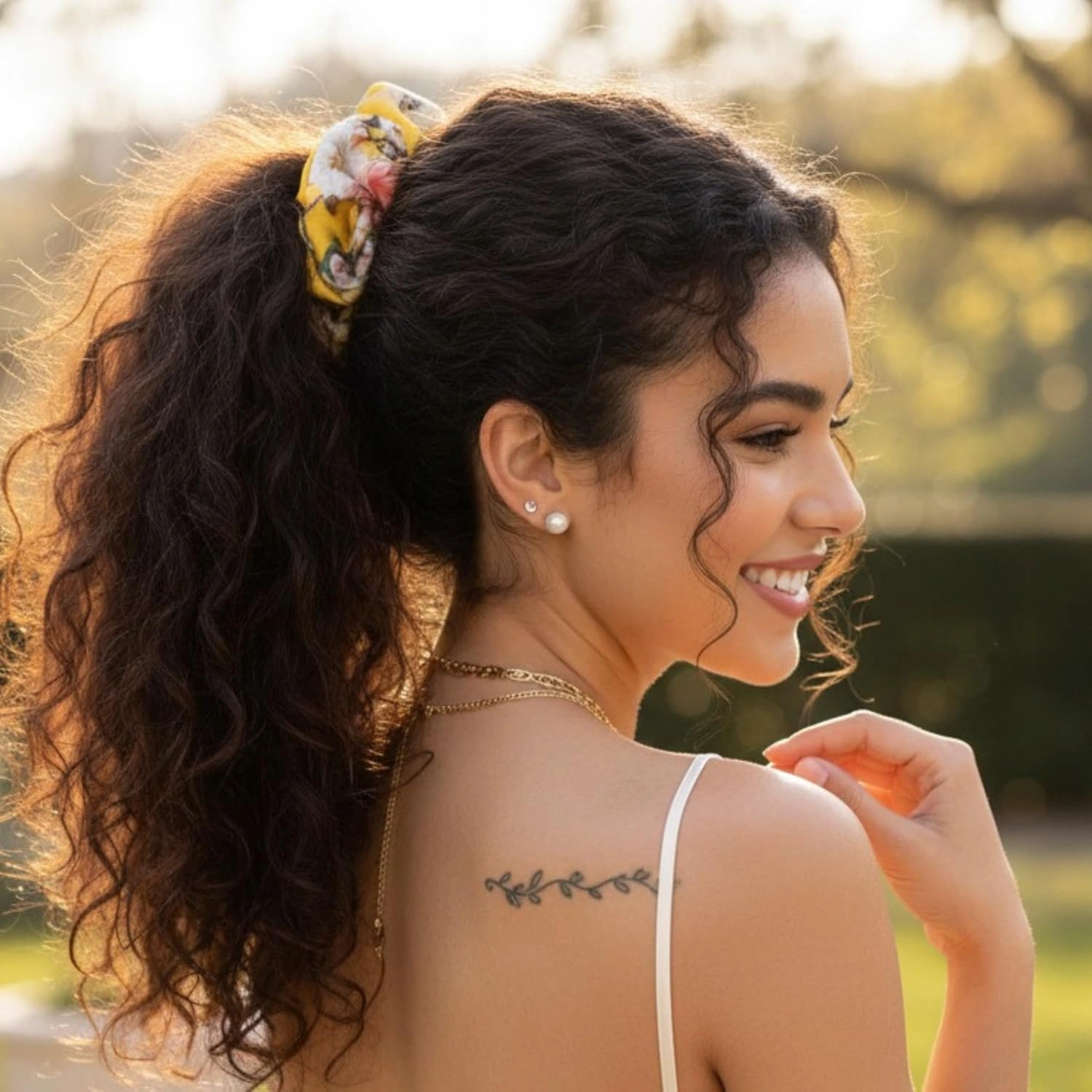 Kornika - Printed XL Satin Scrunchie - On Hair - Yellow Scrunchie_Main - W2 - Bonjoy Fashion and Decor