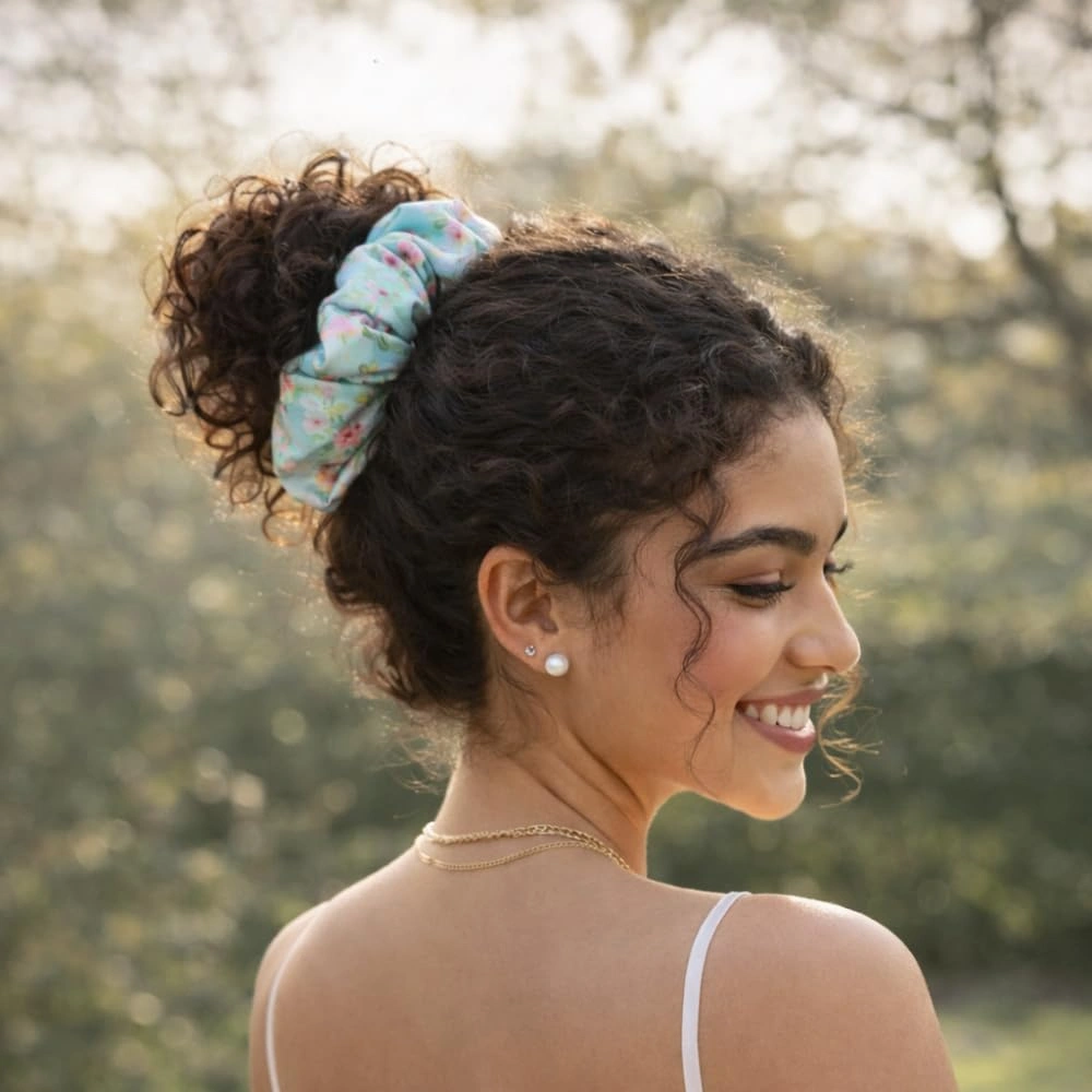 Sunspire Polka - Printed XL Satin Scrunchie - On Hair - Polka Dot Scrunchie_Main - W4 - Bonjoy Fashion and Decor