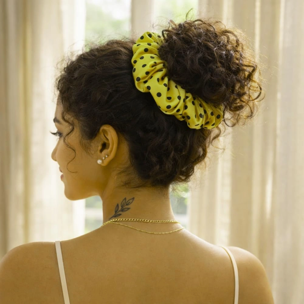 Sunspire Polka - Printed XL Satin Scrunchie - On Hair - Polka Dot Scrunchie_Main - W4 - Bonjoy Fashion and Decor